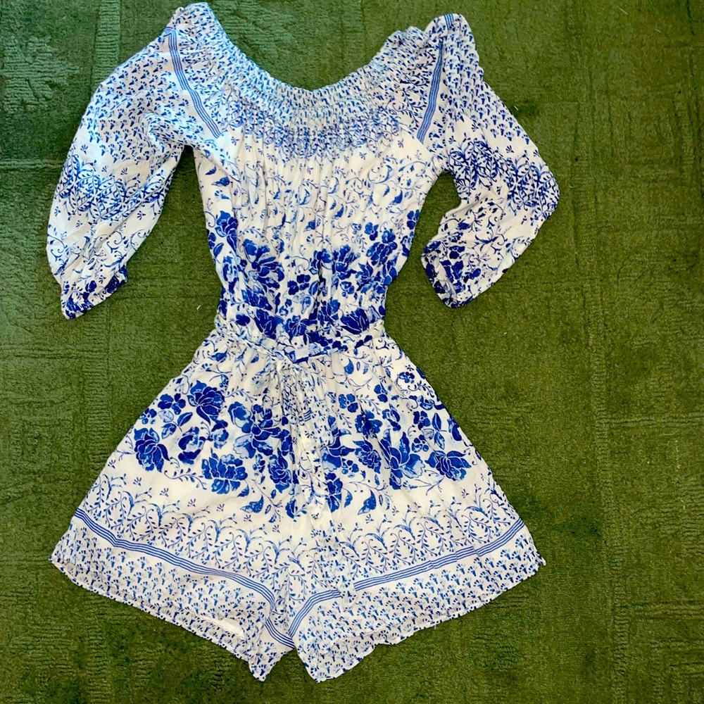 Anthropologie off the shoulder blue and white romper
